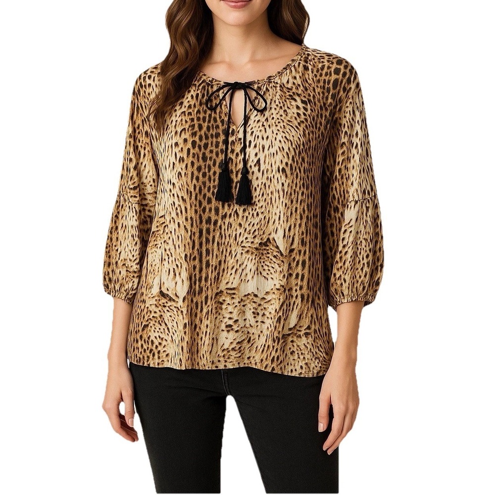 New Directions Women's Brown & Boack Animal Print Blouse Top 3/4 Sleeve Tassels